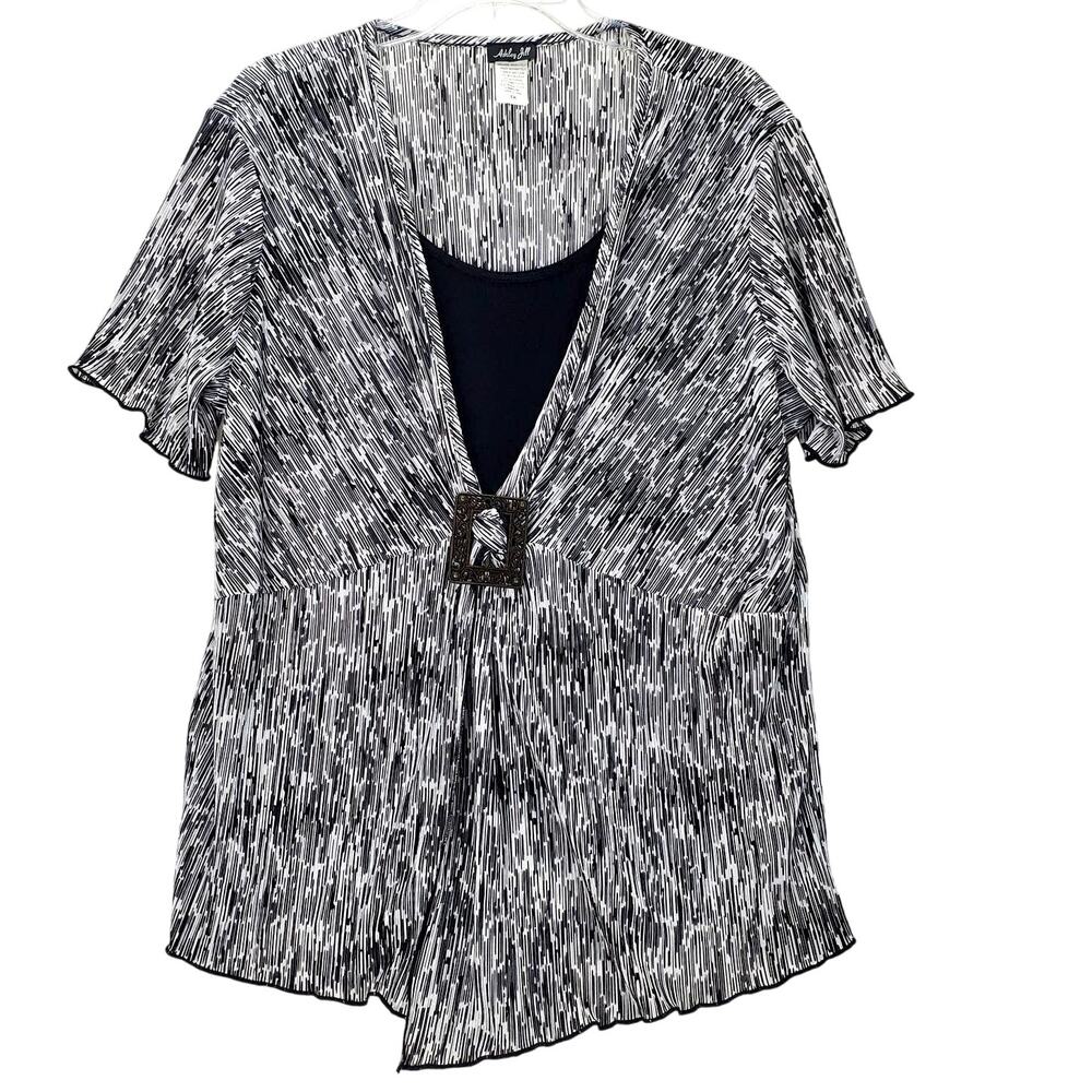 Ashley Hill Short Sleeve Top 3X Flowy Black White Pullover Blouse Office Casual